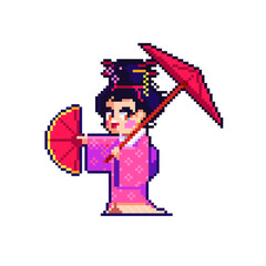 Cute dancing geisha. Pixel art asian girl. Vector illustration