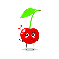Vector illustration of red cherry character with cute expressions, curious, berry isolated on white background, simple minimal style, fresh fruit for mascot collection, emoticon