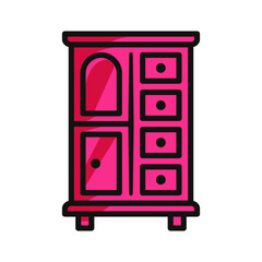 symbol of cupboard, in red colored black line art style and shadow detail.