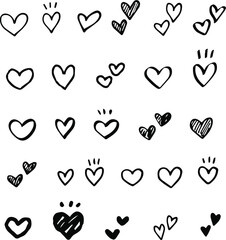 かわいい手描きのハート詰め合わせ　スケッチ　白黒
