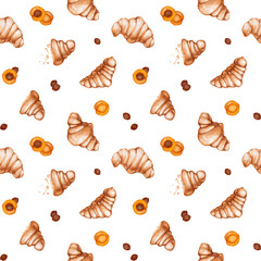 Watercolor seamless pattern with illustration of traditional breakfast, lunch ingredients elements: croissant, apricot, pits. Breakfast clipart objects isolated on white background.