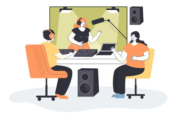 Fototapeta premium Sound production in studio flat vector illustration. Woman with earphones singing into mic in vocal acoustic booth, while sound technicians sitting in chairs. Technology, vocal, recording concept