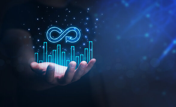 Futuristic Circular economy concept. Businessman holding in hand growth graph and Circular economy symbol.