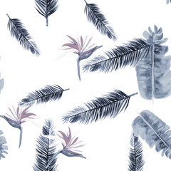 Cobalt Pattern Illustration. White Tropical Design. Navy Floral Textile. Indigo Flora Foliage. Gray Decoration Leaf. Blue Wallpaper Botanical. Azure Spring Nature.