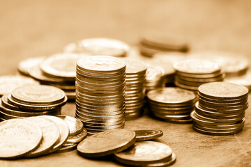 Double exposure of finance graph , stationary and rows of coins for goal office , finance and business concept background and forex trading graph with economy trends business or finance background.
