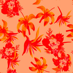 Fototapeta na wymiar Ruby Pattern Illustration. Coral Seamless Leaf. Red Tropical Foliage. Scarlet Flower Hibiscus. Pink Wallpaper Illustration. Decoration Exotic. Watercolor Botanical.