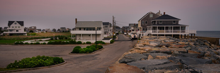 Beach Town Street Landscape in Scituate, Massachusetts. Historic Landmark Scituate Lighthouse Neighbors. 