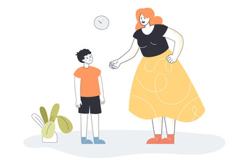 Angry mother rebuking upset son for being naughty. Woman reproaching crying child flat vector illustration. Domestic violence, family, parenting concept for banner, website design or landing web page