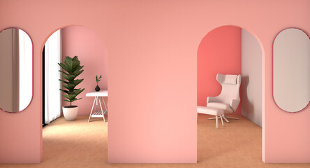3d rendering of the pink working area at home. This room is consists of sofa and working table. A home is a safe place and relaxed area to spend and isolated.