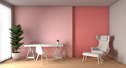 3d rendering of the pink working area at home. This room is consists of sofa and working table. A home is a safe place and relaxed area to spend and isolated.