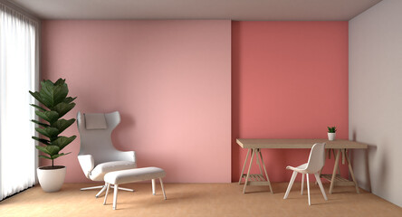 3d rendering of the pink working area at home. This room is consists of sofa and working table. A home is a safe place and relaxed area to spend and isolated.