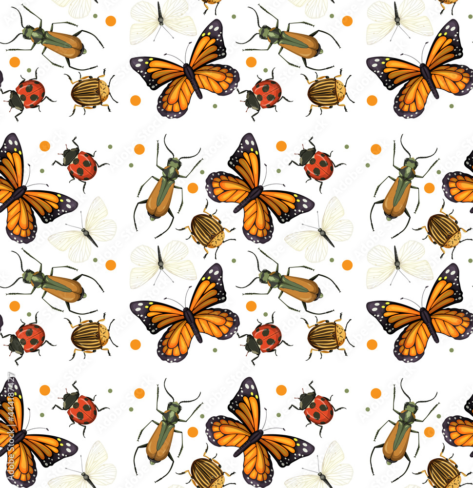 Sticker Seamless pattern with many insects on white background