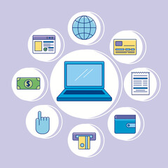 laptop with online payments icon set