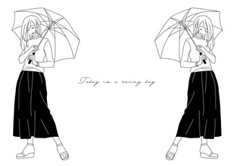 シンプルな線画女性の傘差しポーズイラスト