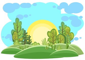 Obraz premium Flat forest. Illustration in a simple symbolic style. Sun. Funny green landscape. Isolated. Comic cartoon design. Cute scene with trees. Country Wild Scenery. Vector