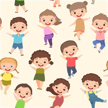 Happy childhood. Seamless pattern. Little boys and girls. Kid is jumping for joy at the party. Charming active cute character. Nice kid. Cartoon style. Image background. Vector
