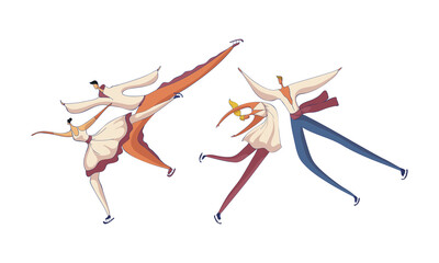 Figure Skating with Male and Female Pair Performing on Ice Vector Set