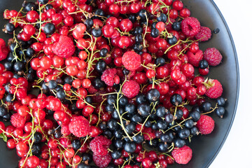 Red and black currant and loganberries on the black plate and white background.