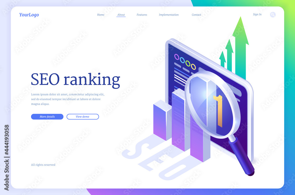 Poster seo ranking isometric landing page. search engine optimization technology, internet marketing and di