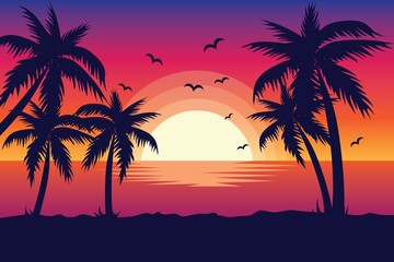 Evening on the beach with palm trees. An evening on the beach with palm trees. Colorful picture for rest. Blue palm trees at sunset. Orange sunset in the blue sky. Vector illustration - obrazy, fototapety, plakaty