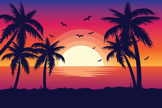 How To Draw Simple Scenery | Drawing Sunset In Beach Scenery - YouTube