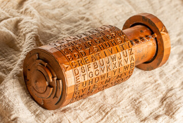 Opened bronze cryptex invented by Leonardo da Vinci from the book da vinci code. Word creativity as...