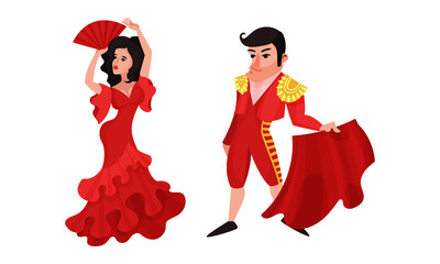 Spain Attributes with Toreador Holding Red Cloth and Woman Dancing Flamenco Vector Set