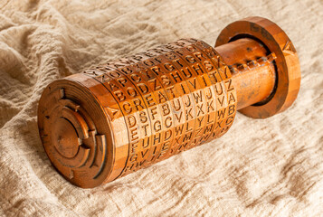 Opened copper cryptex invented by Leonardo da Vinci from the book da vinci code. Word creativity as...