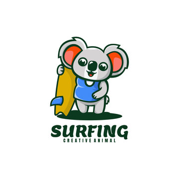 Vector Logo Illustration Surfing Koala Mascot Cartoon Style.