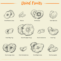 Hand-drawn vector illustration dried fruits by retro style, engraved dot and line art. include Banana, Raisins, Figs, Berries, pineapple, kiwi, Apricots, apples, and Orange. - obrazy, fototapety, plakaty