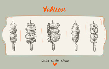 Hand-drawn vector illustration of Japanese grill skewered chicken. lines and dots with single color, hand sketch style.