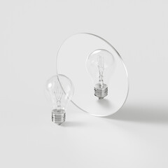 incandescent light bulb reflected in a mirror on a white background in a studio, sign or metaphor, 3d rendering