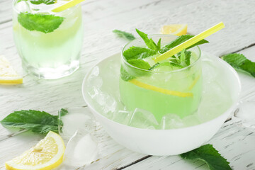 Homemade lemonade with lemon, mint and ice. 