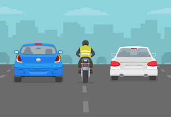 Motorcycle rider between cars on city road or highway. Car drivers sharing the road. Back view. Flat vector illustration template.