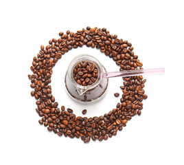 Composition with coffee beans on white background