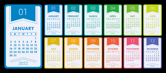 Calendar 2022 year. Vector colorful calender template. Infographics design. Week starts on Sunday