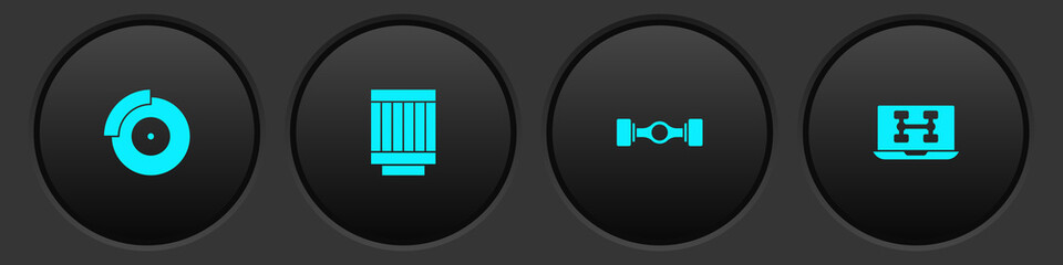 Set Car brake disk with caliper, air filter, Chassis car and Diagnostics condition of icon. Vector