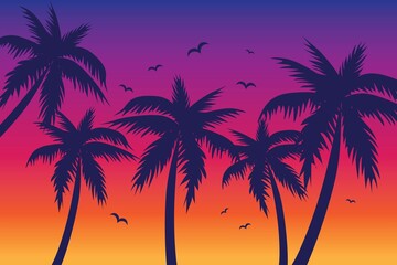Obraz na płótnie Canvas Evening on the beach with palm trees. An evening on the beach with palm trees. Colorful picture for rest. Blue palm trees at sunset. Orange sunset in the blue sky. Vector illustration