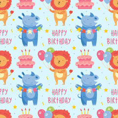 Happy birthday seamless pattern. Cute animal lion with balloons, rhino, cake. Holiday decoration, celebration. Vector childish illustration. Isolated on background.