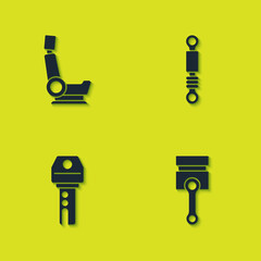 Set Car seat, Engine piston, key with remote and Shock absorber icon. Vector