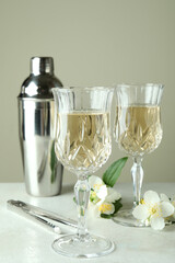 Concept of delicious drink with Rossini cocktail on white textured table