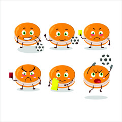 Orange dorayaki cartoon character working as a Football referee. Vector illustration