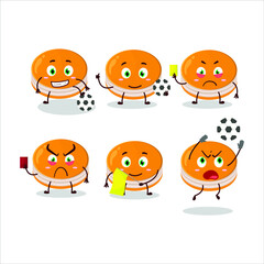 Fototapeta premium Orange dorayaki cartoon character working as a Football referee. Vector illustration