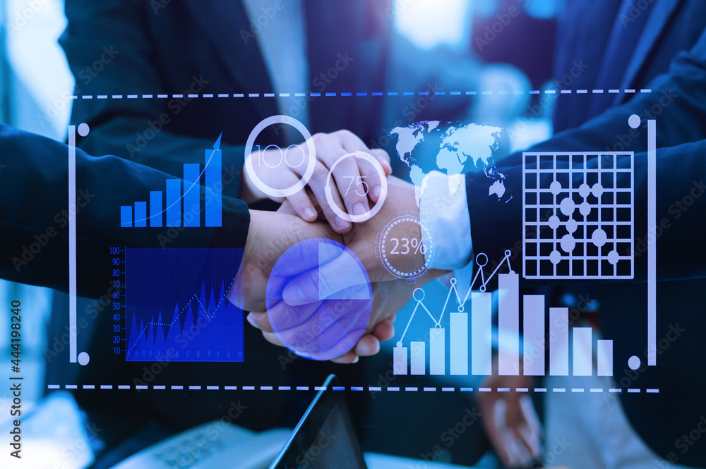 Aufkleber data management system with business analytics concept. business team hands working with provide inf