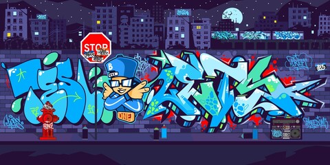 Dark Outdoor Urban Graffiti Wall With Drawings At Night Against The Background Of The Cityscape Vector Illustration Art