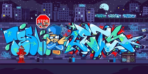 Foto op Plexiglas Dark Outdoor Urban Graffiti Wall With Drawings At Night Against The Background Of The Cityscape Vector Illustration Art © Anton Kustsinski