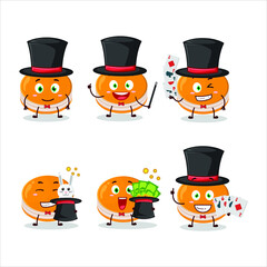 A orange dorayaki Magician cartoon character perform on a stage. Vector illustration