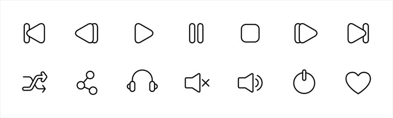 Media player icons set. Button collection. Music, sound, interface, play, headset, arrow, share, power, like, love. Vector illustration.