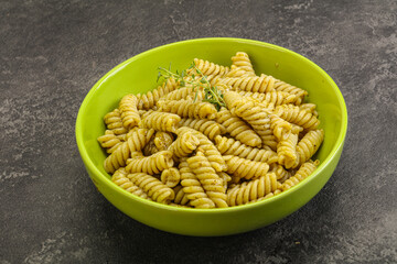 Italian pasta Fusilli with pesto