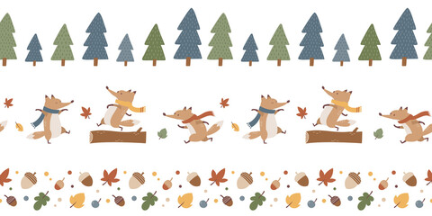 かわいいキツネ、手描きの木、葉、ドングリなどを使った、秋向けのシームレスなボーダーセット © Torico